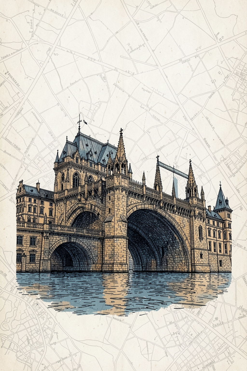 Architectural postcard illustration of Charles Bridge in Prague, Czechia