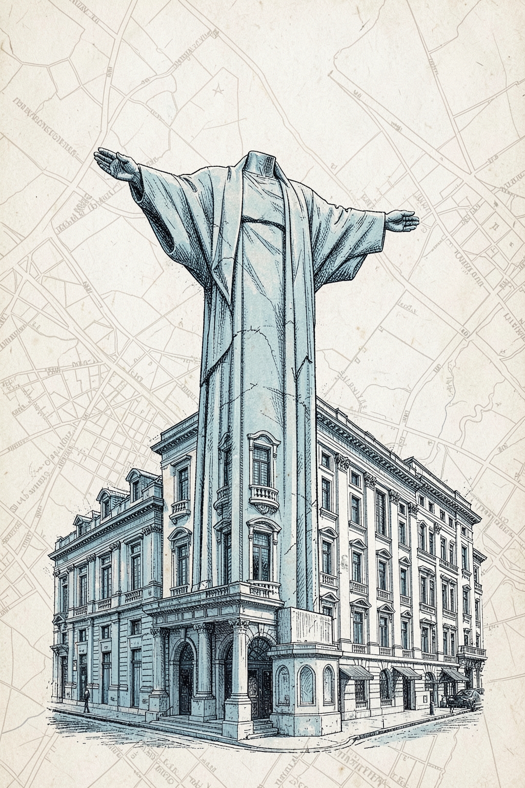 Architectural postcard illustration of Christ the Redeemer in Rio de Janeiro, Brazil
