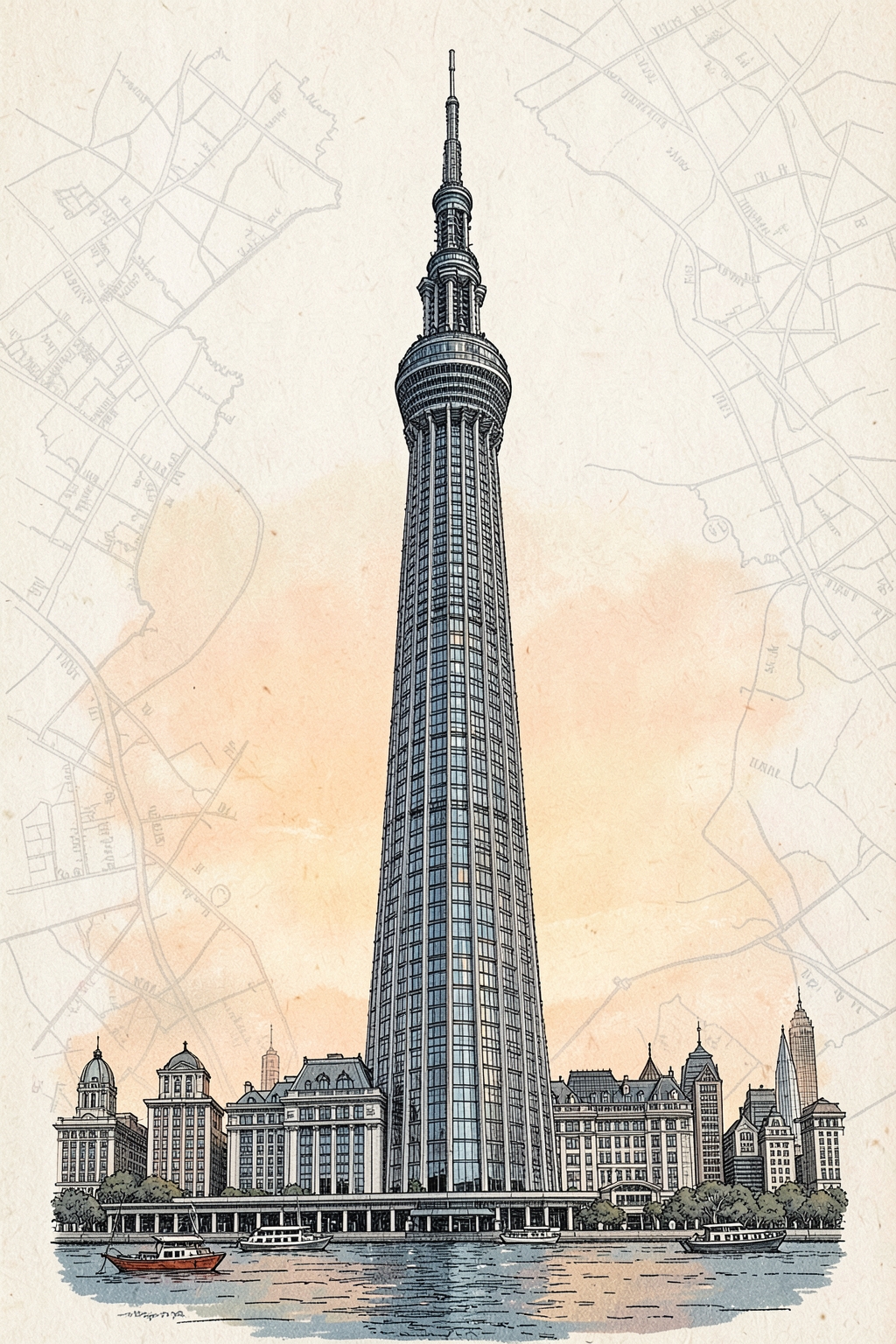 Architectural postcard illustration of the CN Tower in Toronto, Ontario