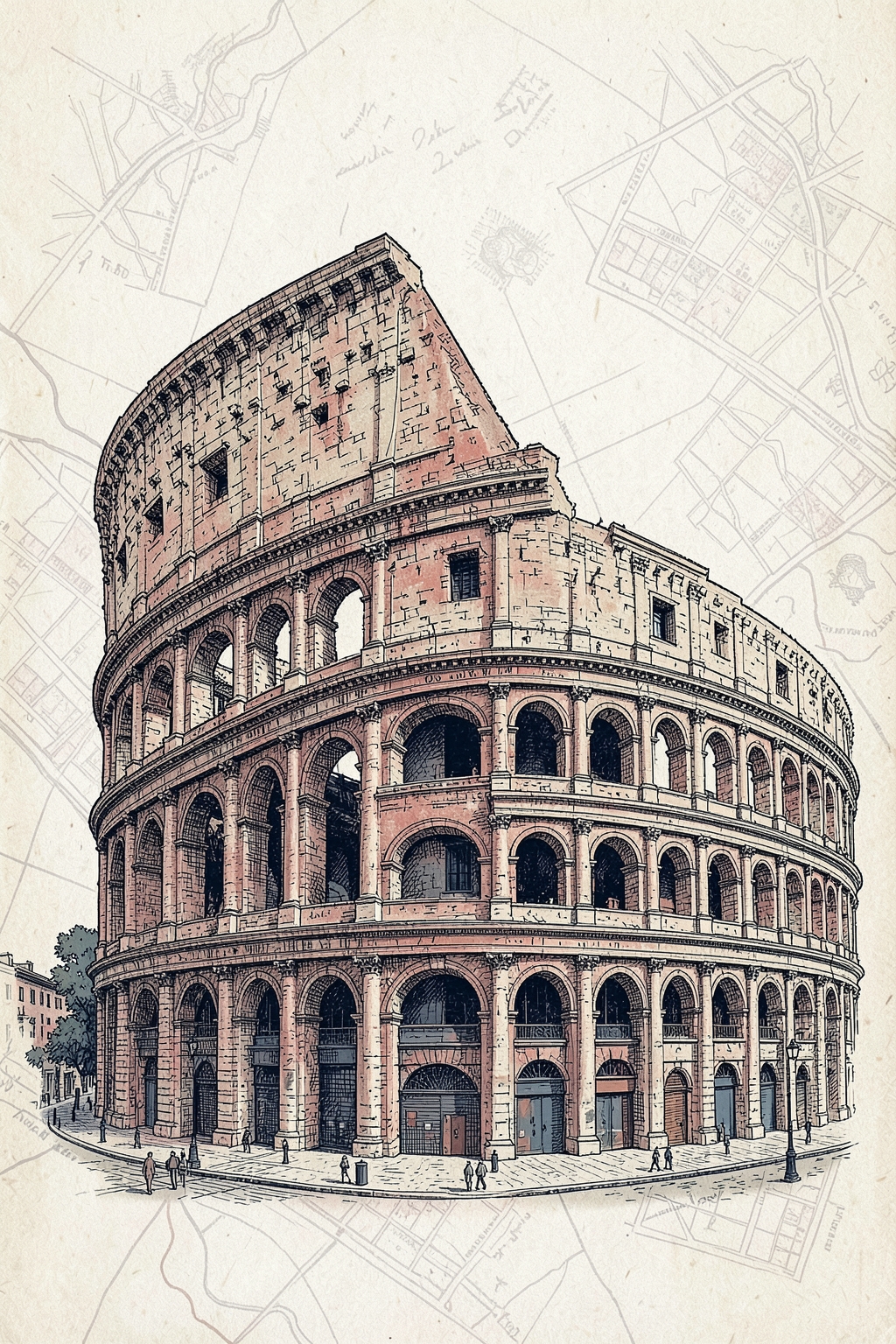 Architectural postcard illustration of the Colosseum in Rome, Italy