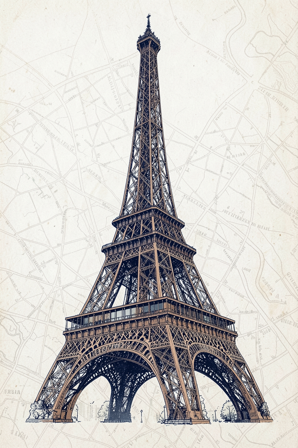 Architectural postcard illustration of the Eiffel Tower in Paris, France