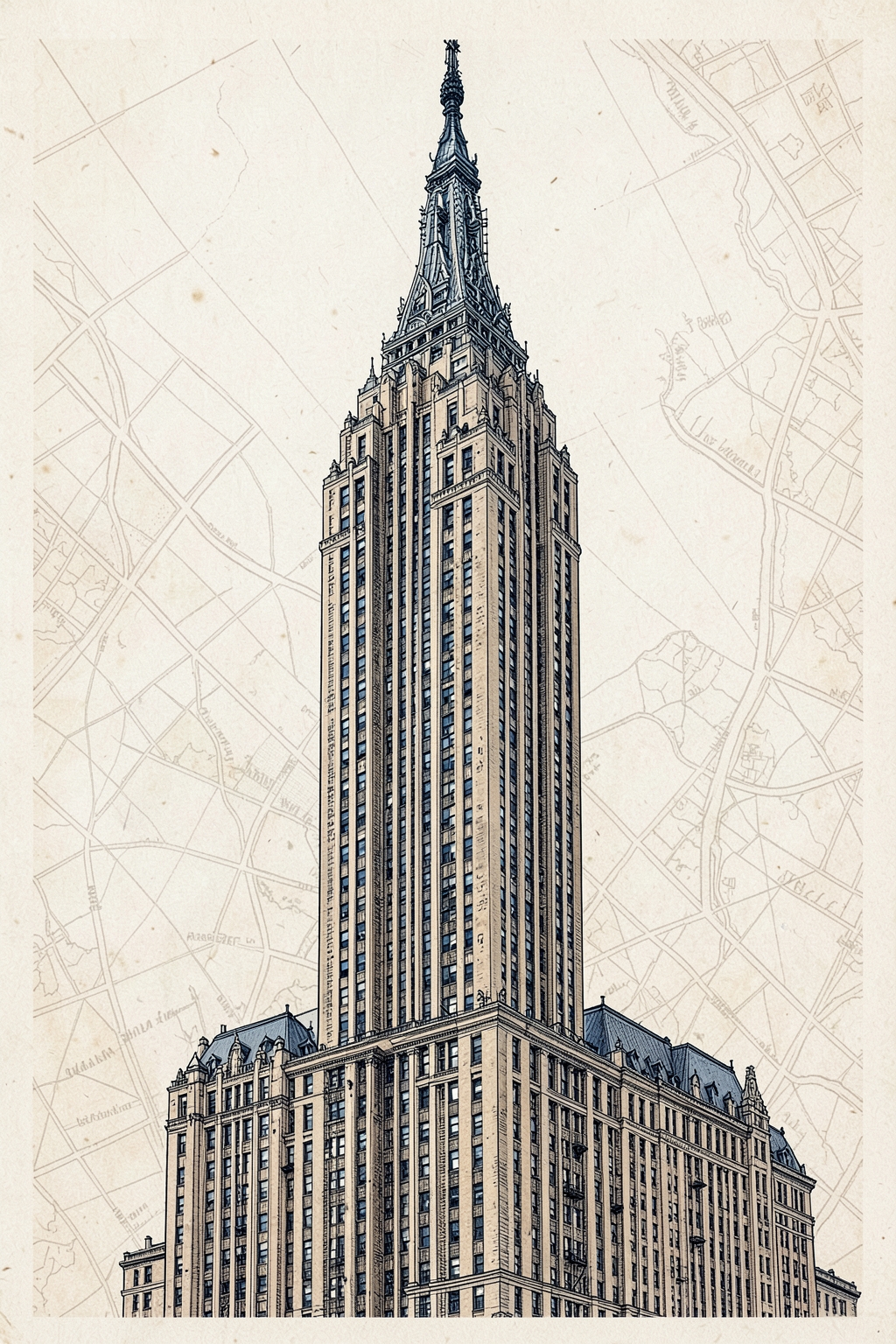 Architectural postcard illustration of the Empire State Building in New York City