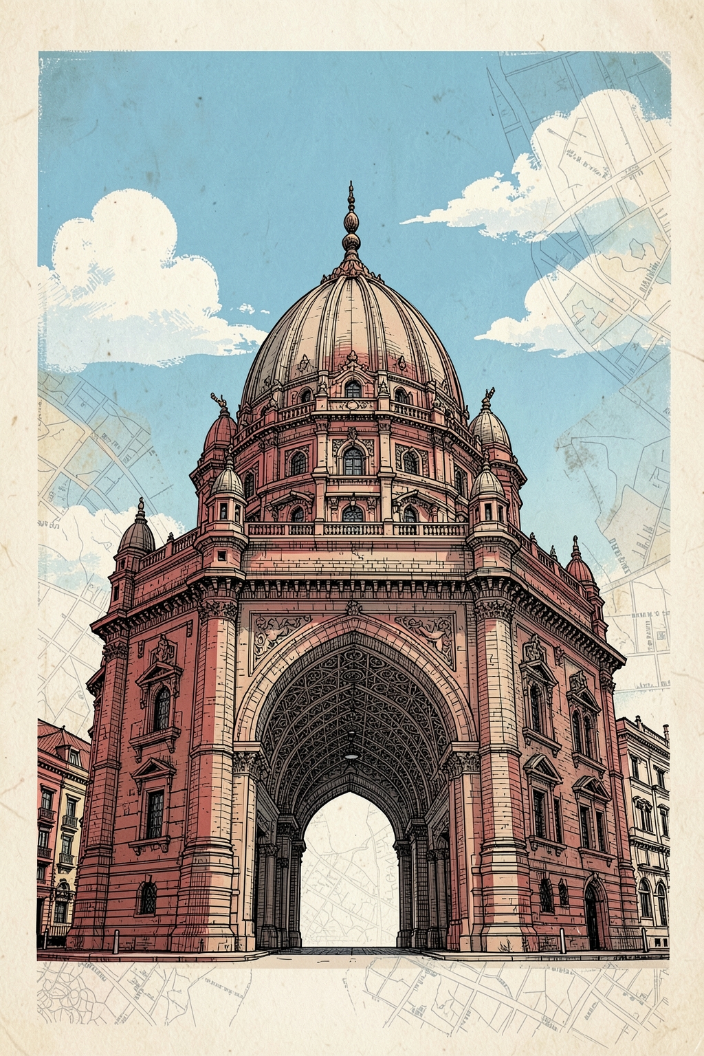 Architectural postcard illustration of the Gateway of India in Mumbai, India