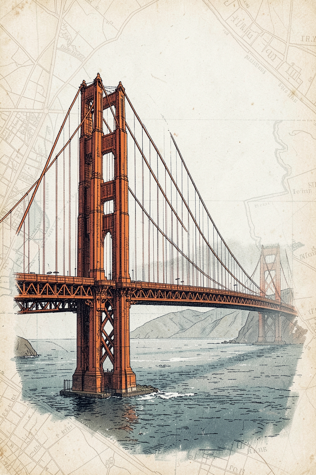 Architectural postcard illustration of the Golden Gate Bridge in San Francisco, California