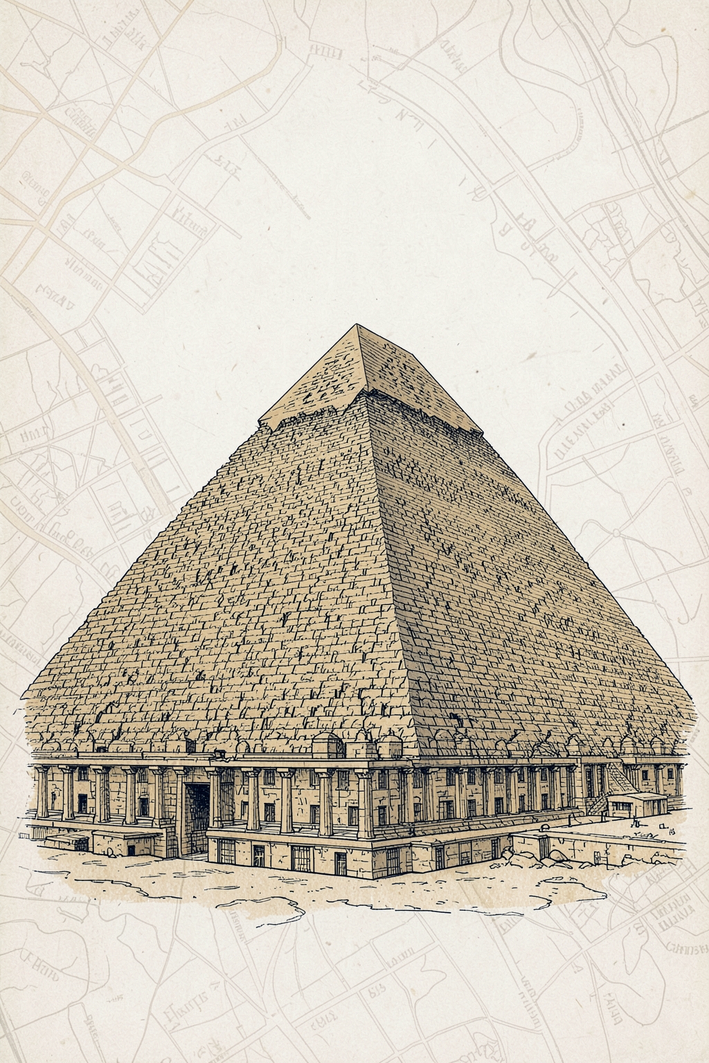 Architectural postcard illustration of the Great Pyramid of Giza near Cairo, Egypt