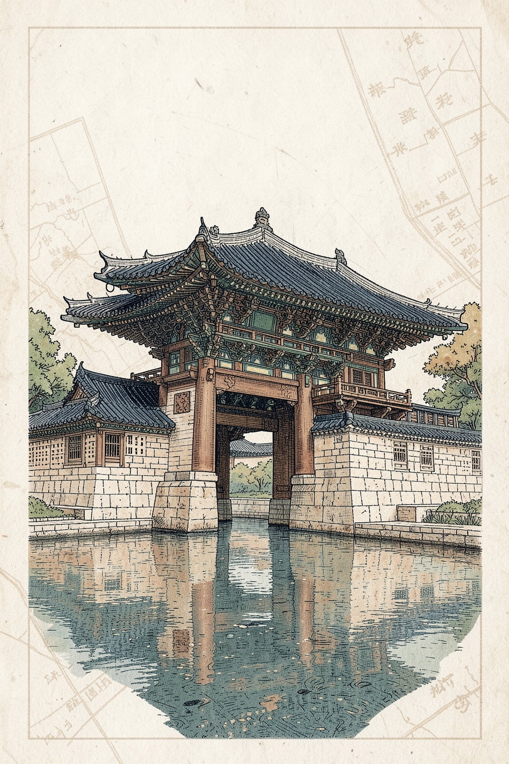 Architectural postcard illustration of Gyeongbokgung palace in Seoul, South Korea
