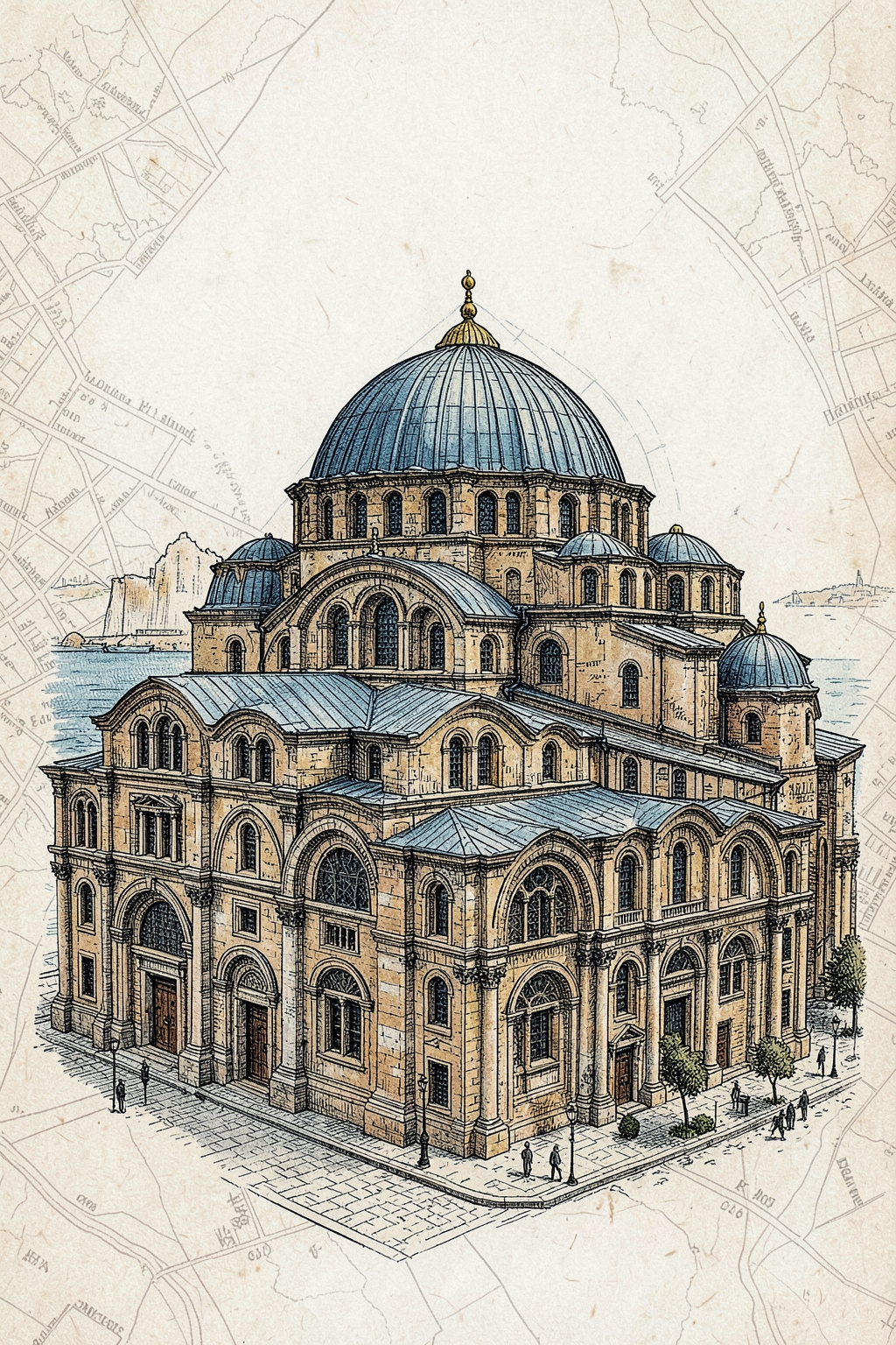 Architectural postcard illustration of Hagia Sophia in Istanbul, Türkiye