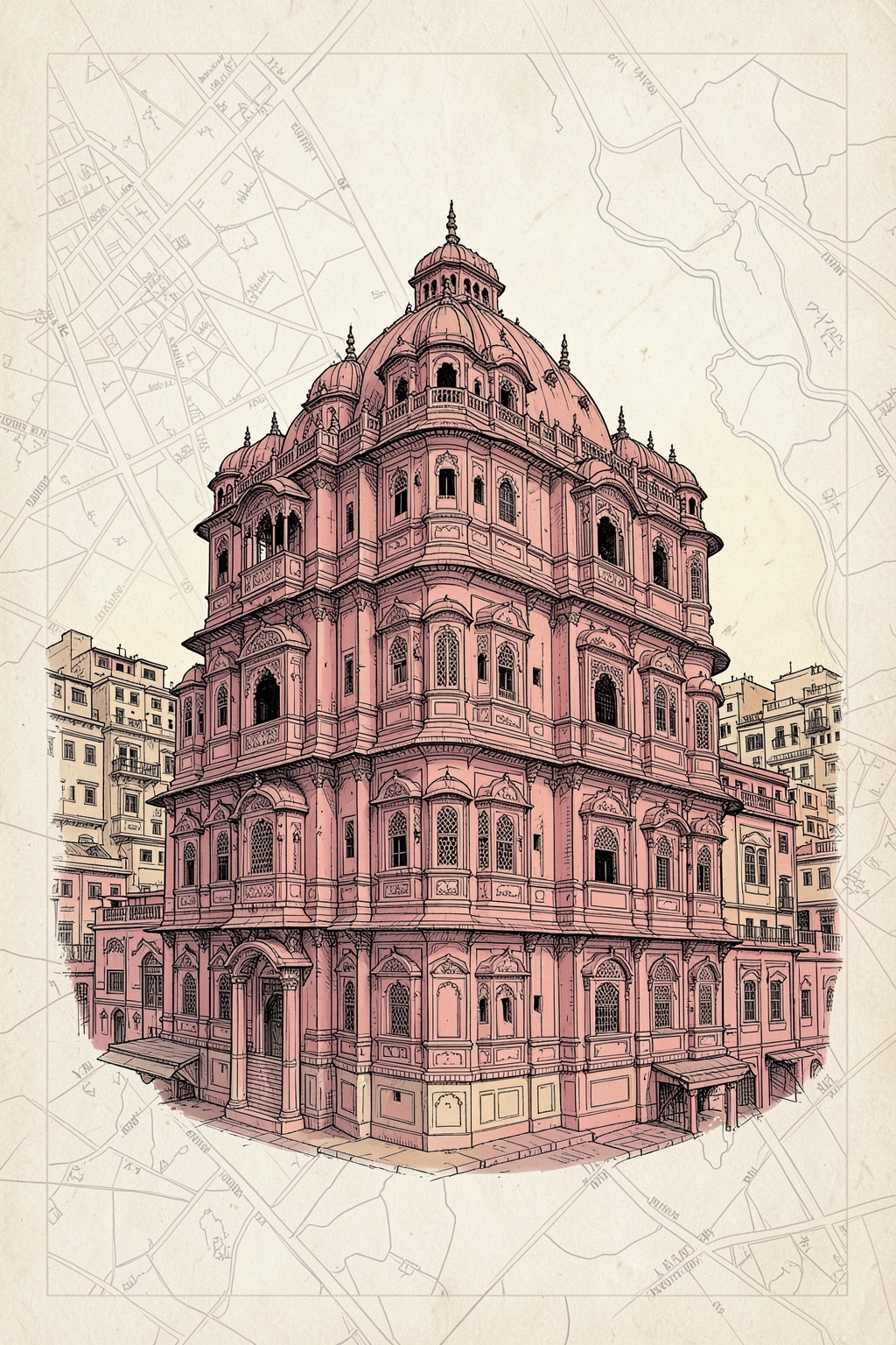 Architectural postcard illustration of the Hawa Mahal in Jaipur, India