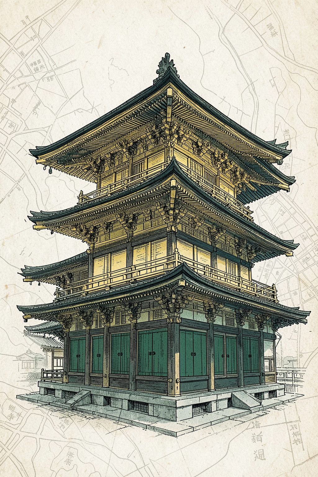 Architectural postcard illustration of Kinkaku-ji in Kyoto, Japan