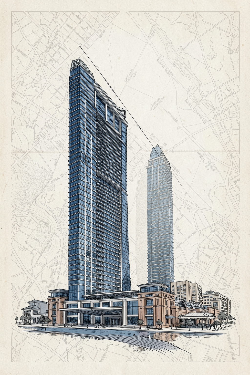 Architectural postcard illustration of Marina Bay Sands in Singapore