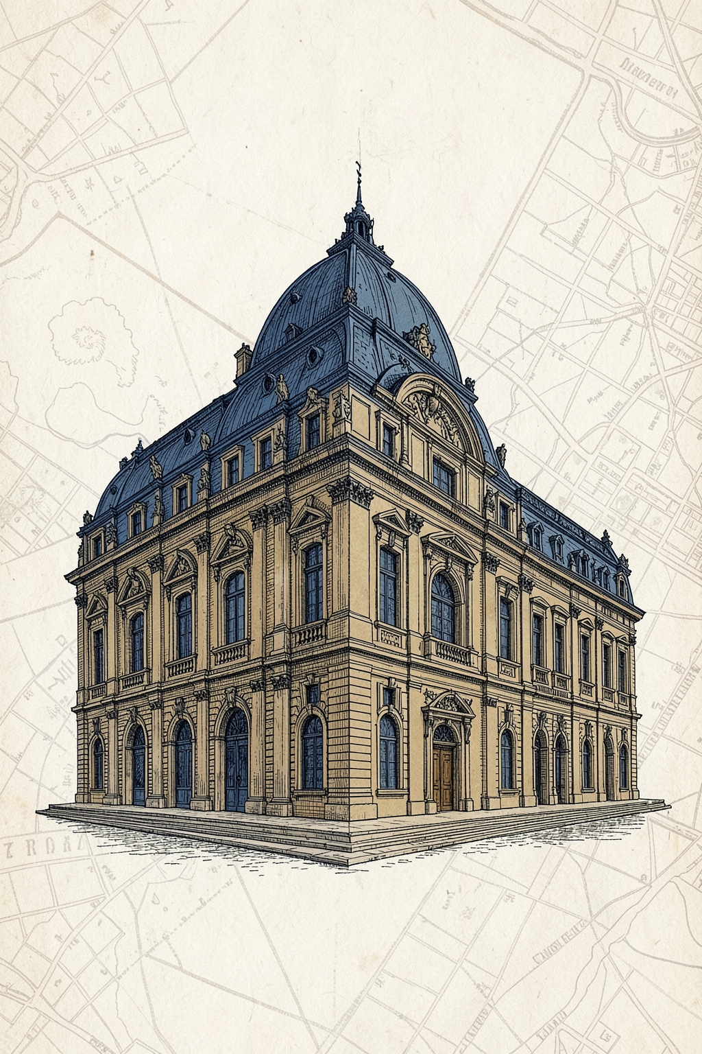 Architectural postcard illustration of the Palacio de Bellas Artes in Mexico City