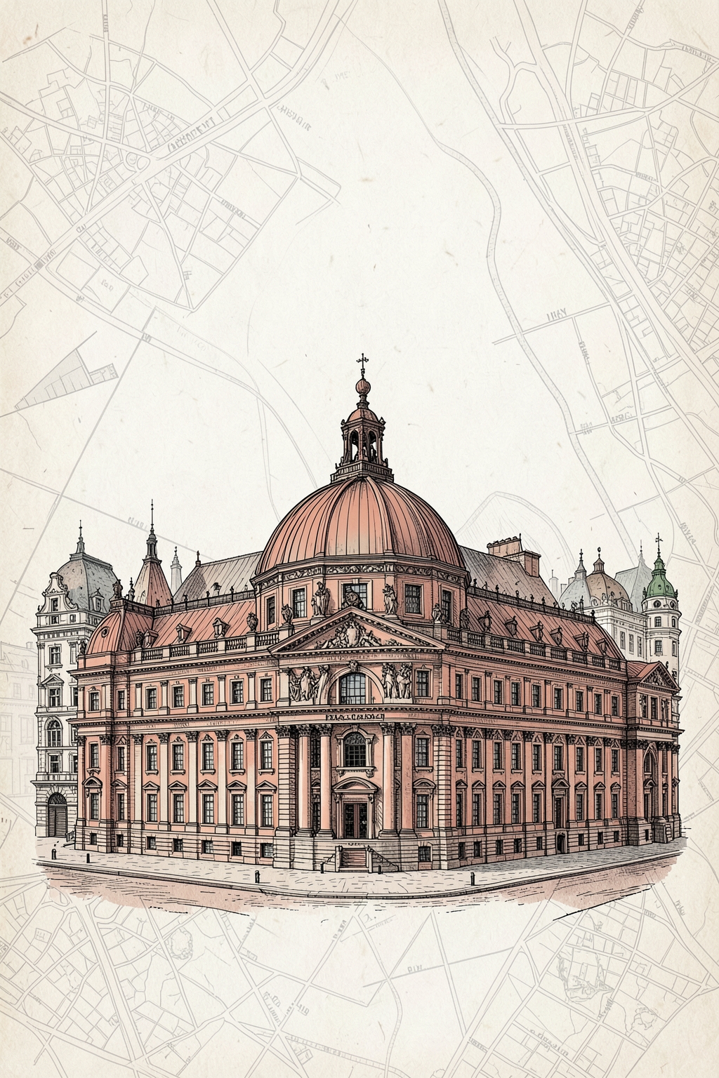 Architectural postcard illustration of the Rijksmuseum in Amsterdam, Netherlands