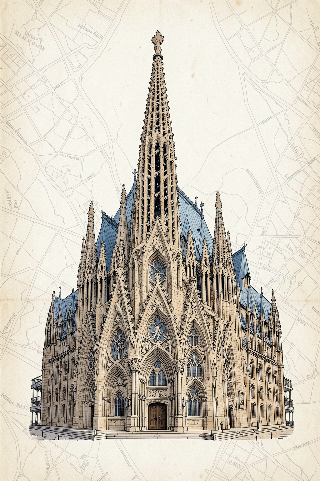 Architectural postcard illustration of the Sagrada Família in Barcelona, Spain