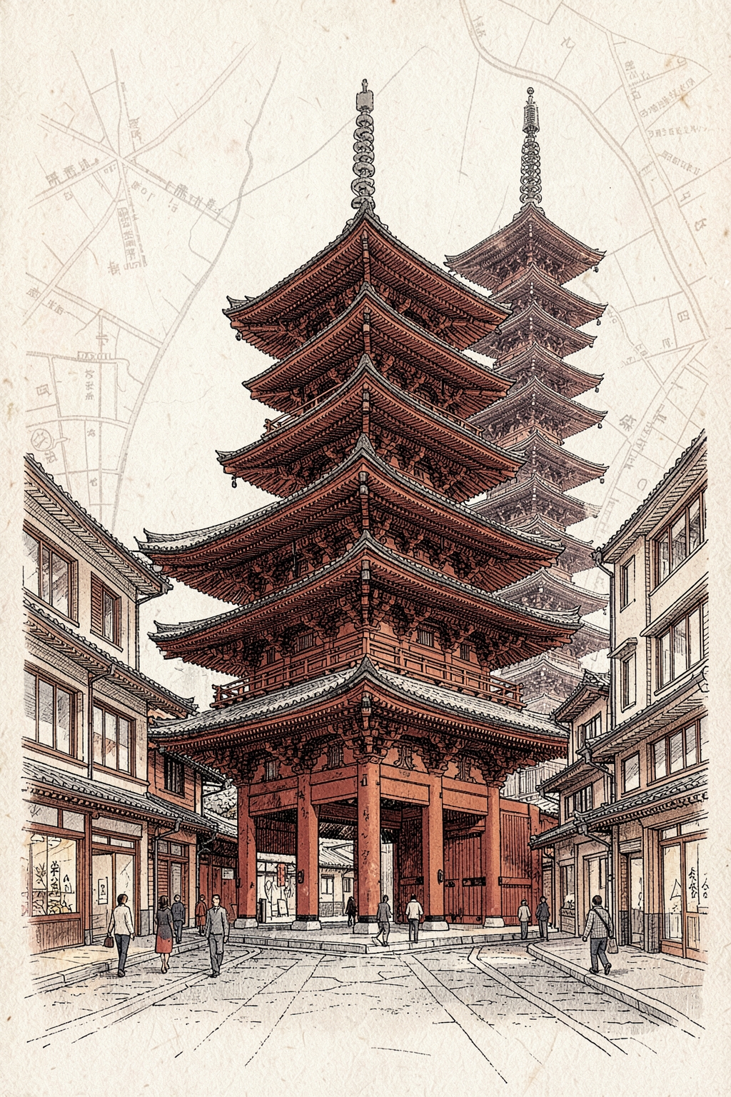 Architectural postcard illustration of Sensō-ji temple in Tokyo, Japan