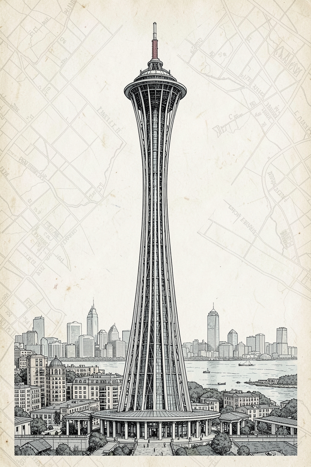Architectural postcard illustration of the Space Needle in Seattle, Washington