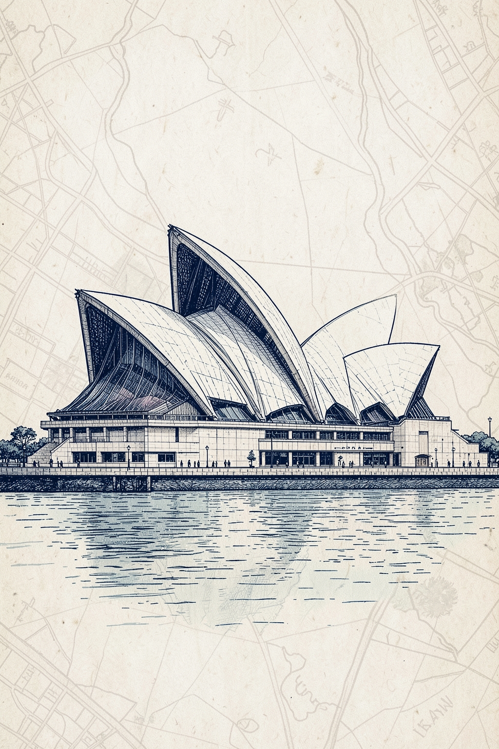 Architectural postcard illustration of the Sydney Opera House in Sydney, Australia