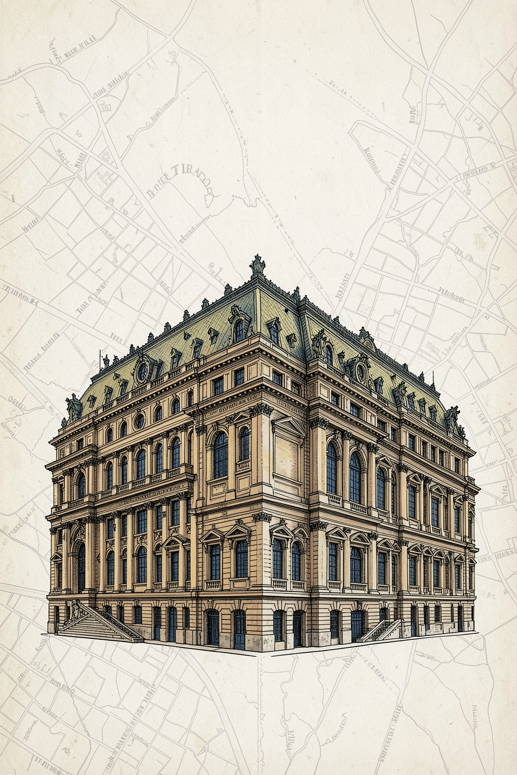 Architectural postcard illustration of the Teatro Colón in Buenos Aires, Argentina