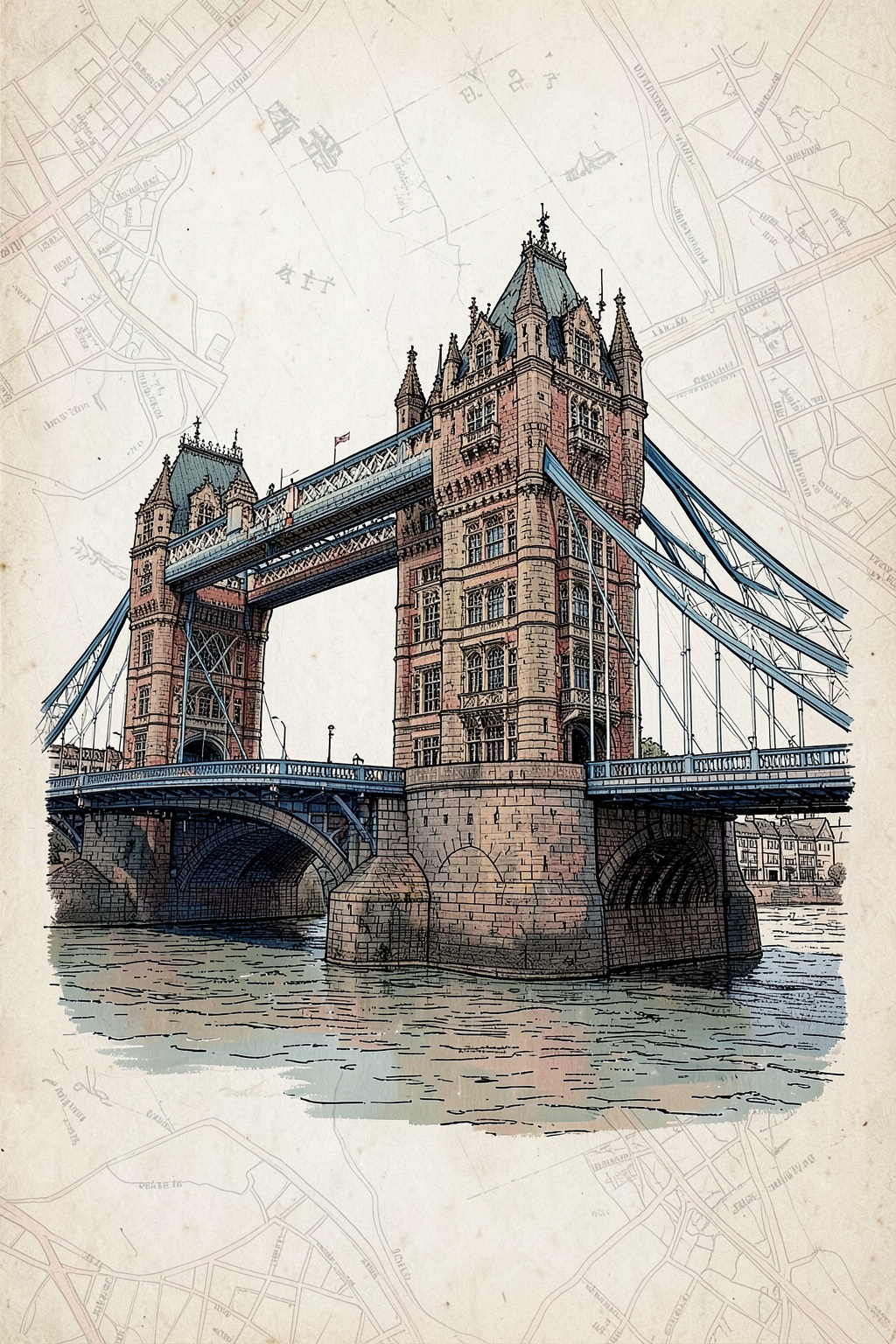 Architectural postcard illustration of Tower Bridge in London, England