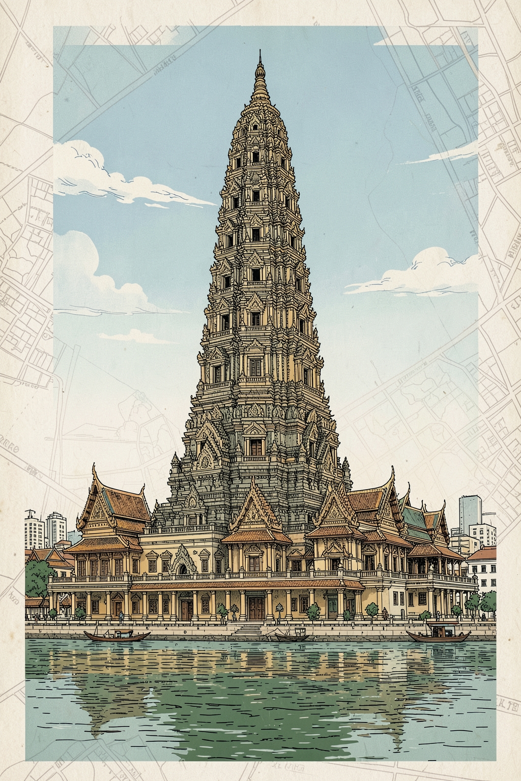 Architectural postcard illustration of Wat Arun in Bangkok, Thailand